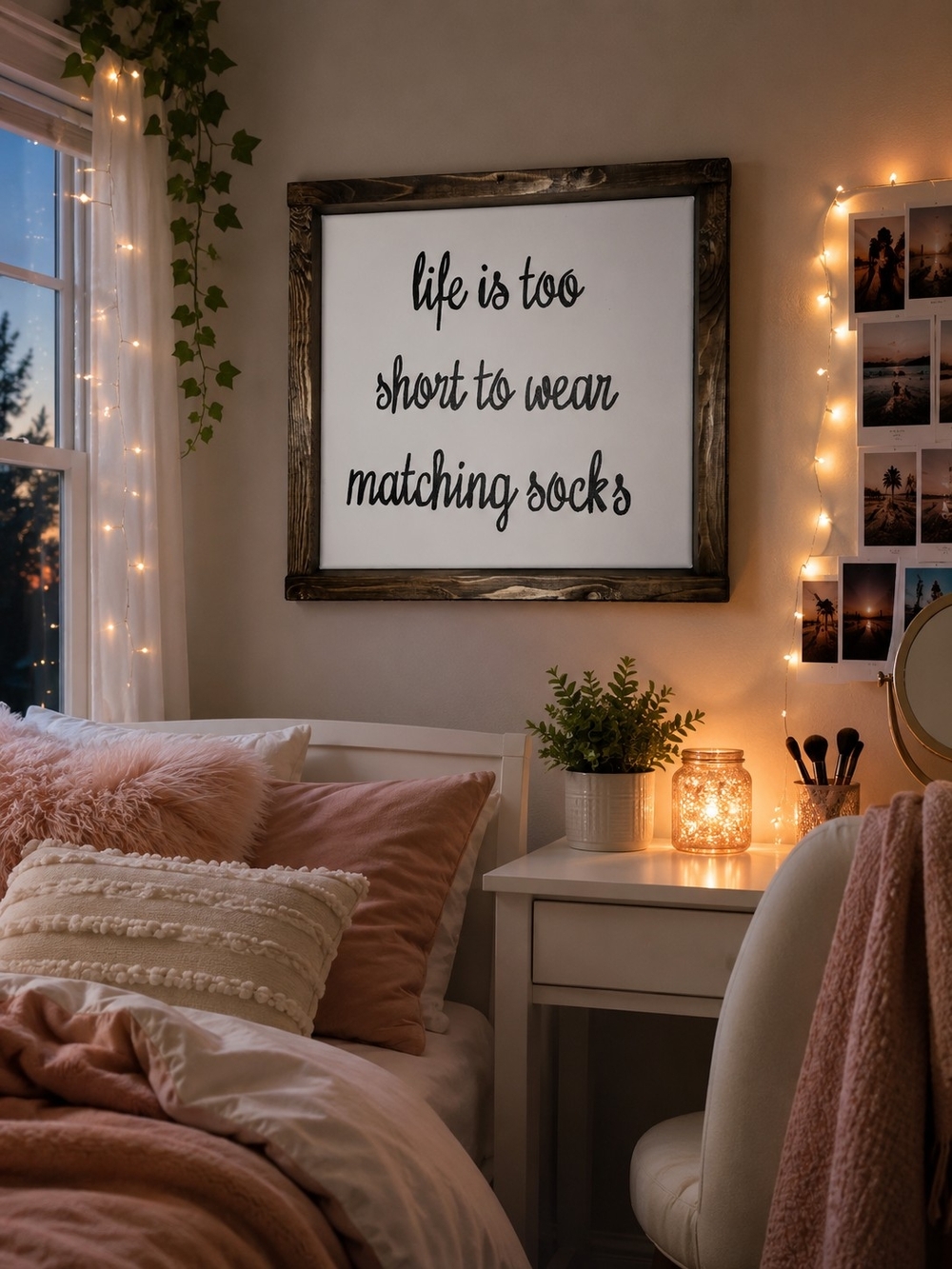 Framed Wall Sign "Life Is Too Short to Wear Matching Socks" - White & Brown